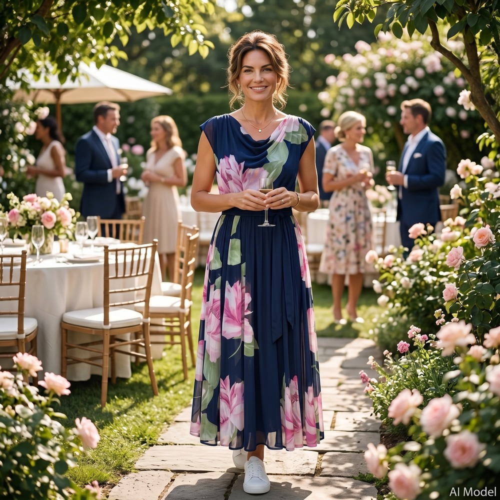 Alexa B Floral Midi Dress Womens 14P Navy Pink Sleeveless Mesh Belted Petite